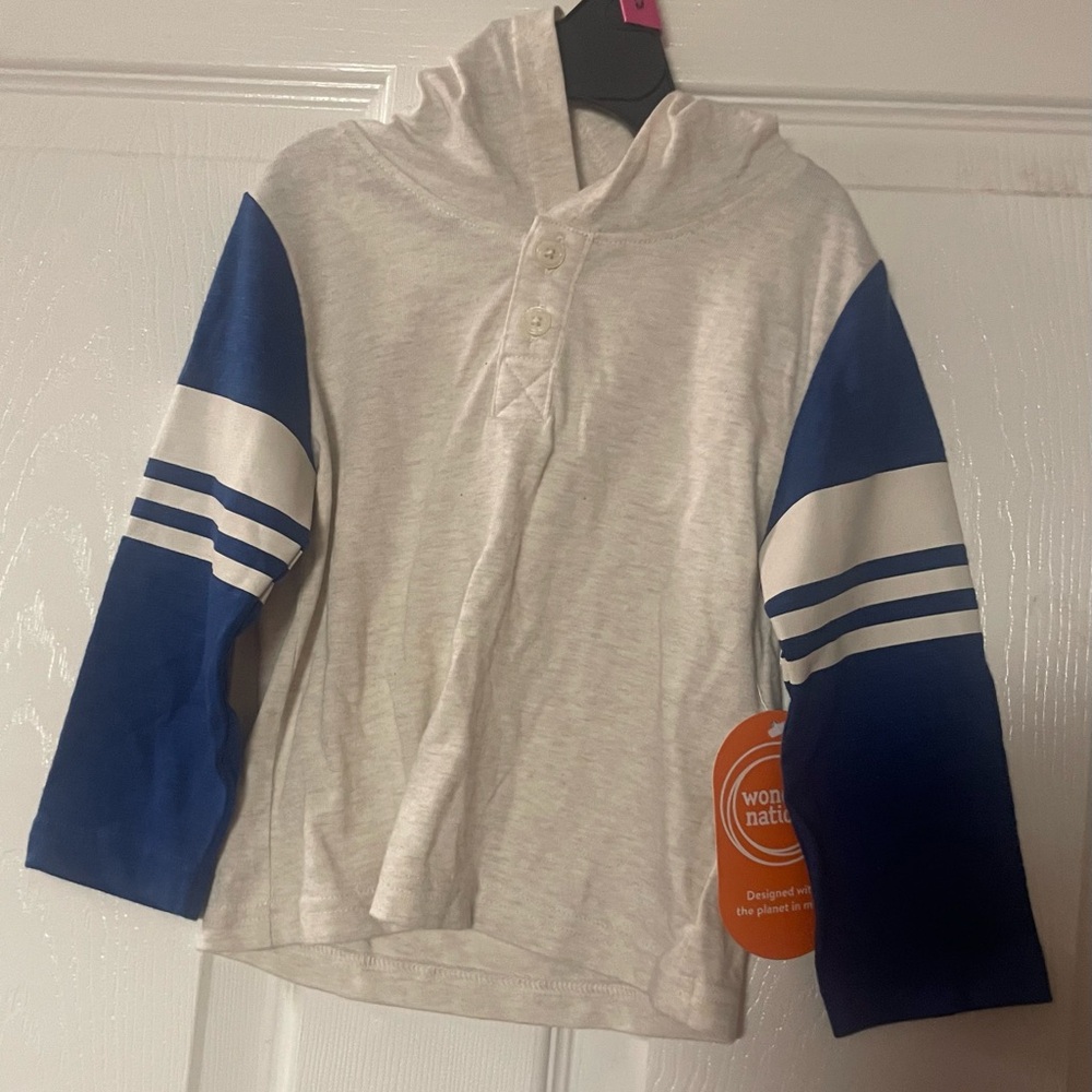 🔴 3/$12 Wonder Nation Kids' Blue‎ and White Hoodie Shirt! NWT! Size 18 months!